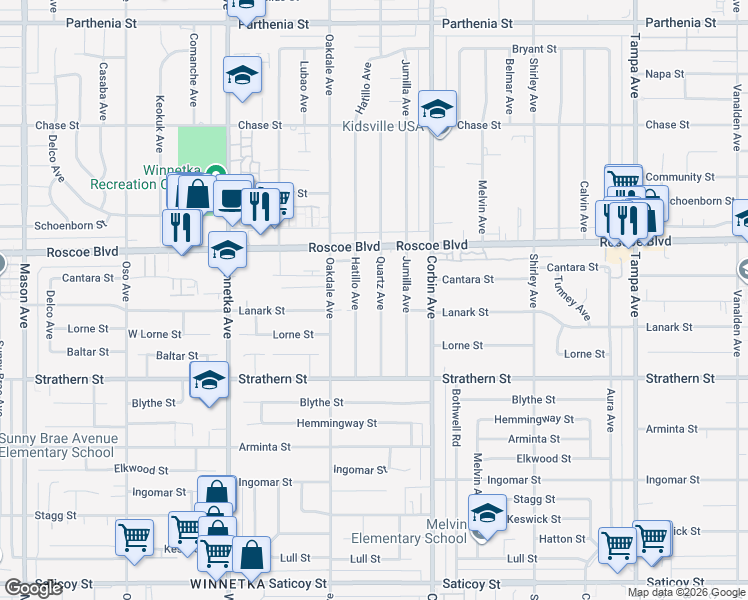 map of restaurants, bars, coffee shops, grocery stores, and more near 8139 Quartz Avenue in Los Angeles