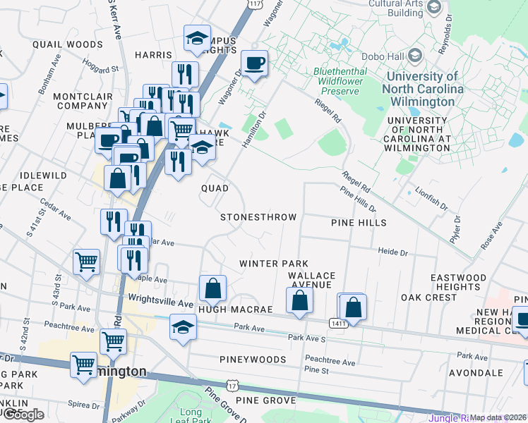 map of restaurants, bars, coffee shops, grocery stores, and more near 808 Seabury Court in Wilmington
