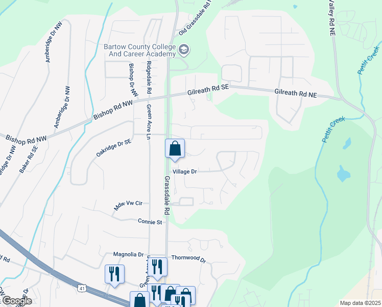 map of restaurants, bars, coffee shops, grocery stores, and more near 21 Brighton Court Southeast in Cartersville