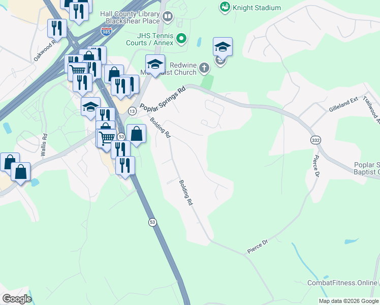 map of restaurants, bars, coffee shops, grocery stores, and more near 3634 East Bolding Road in Flowery Branch