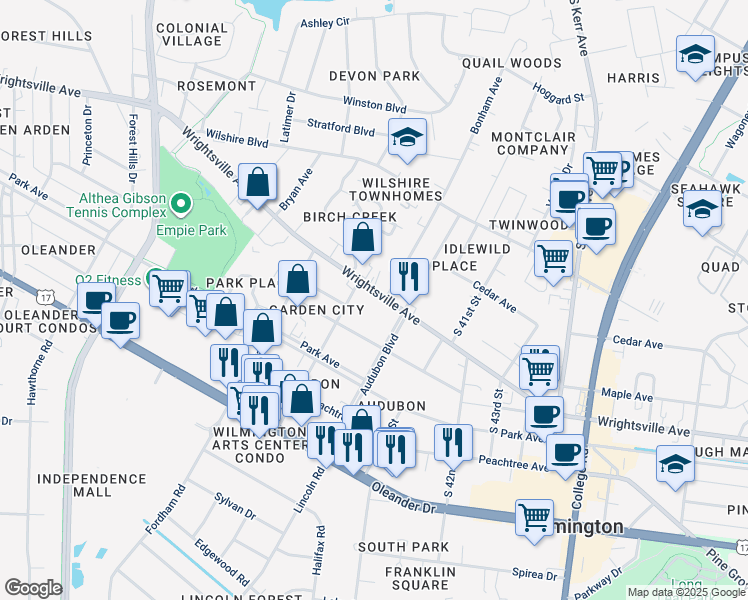 map of restaurants, bars, coffee shops, grocery stores, and more near 3914 Wrightsville Avenue in Wilmington