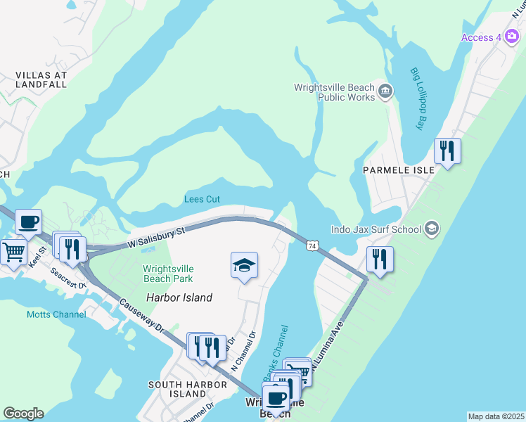 map of restaurants, bars, coffee shops, grocery stores, and more near 4 Pelican Drive in Wrightsville Beach