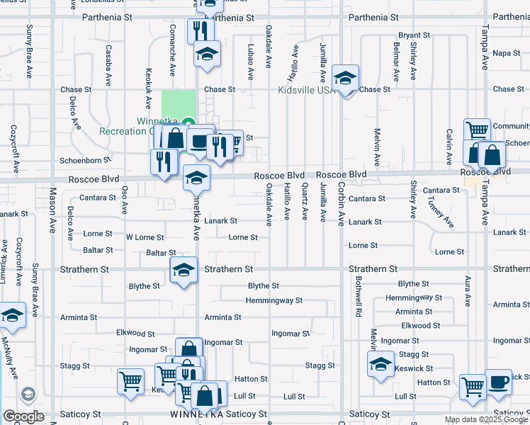 map of restaurants, bars, coffee shops, grocery stores, and more near 8213 Oakdale Avenue in Los Angeles