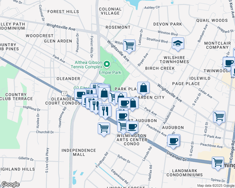 map of restaurants, bars, coffee shops, grocery stores, and more near 3501 Oleander Drive in Wilmington