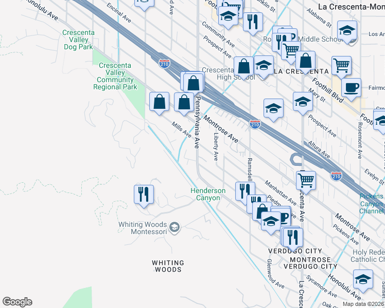 map of restaurants, bars, coffee shops, grocery stores, and more near 3909 Pennsylvania Avenue in Glendale