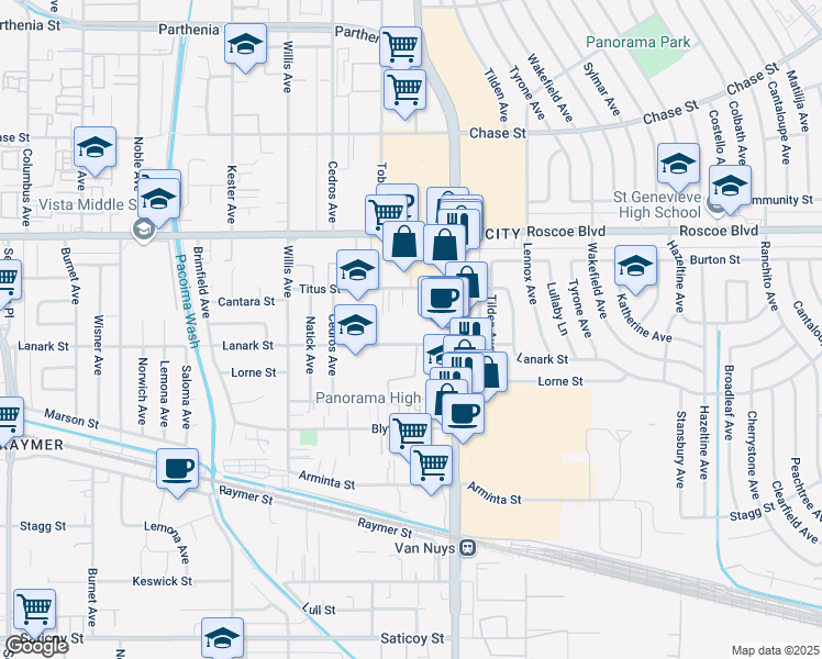 map of restaurants, bars, coffee shops, grocery stores, and more near 14545 Lanark Street in Panorama City