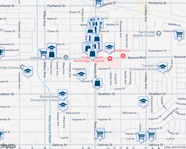 map of restaurants, bars, coffee shops, grocery stores, and more near 8135 Reseda Boulevard in Los Angeles
