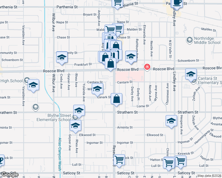 map of restaurants, bars, coffee shops, grocery stores, and more near 8135 Reseda Boulevard in Los Angeles