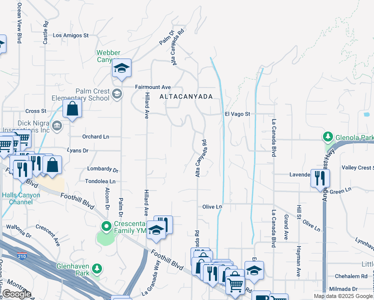 map of restaurants, bars, coffee shops, grocery stores, and more near 5027 Louise Drive in La Cañada Flintridge