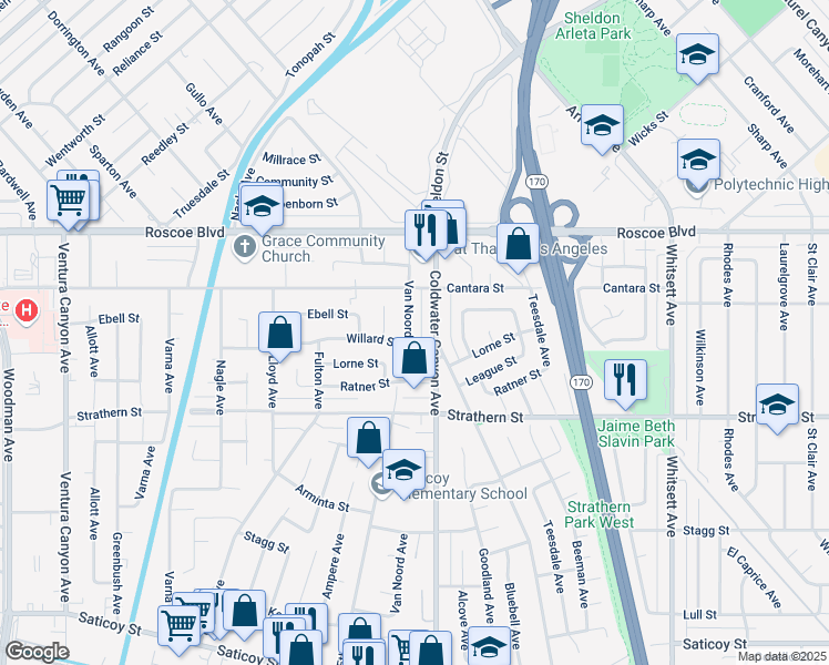 map of restaurants, bars, coffee shops, grocery stores, and more near 8116 Van Noord Avenue in Los Angeles
