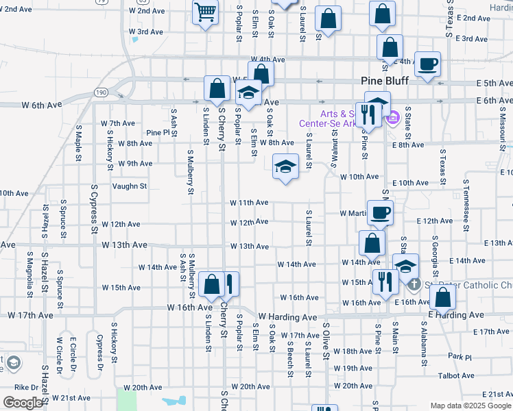 map of restaurants, bars, coffee shops, grocery stores, and more near 1115 South Elm Street in Pine Bluff