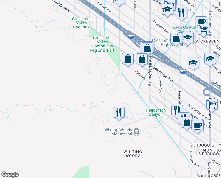 map of restaurants, bars, coffee shops, grocery stores, and more near 8 Mountain Oaks Park in Glendale