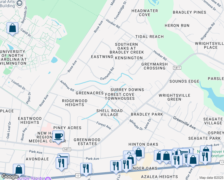 map of restaurants, bars, coffee shops, grocery stores, and more near 5813 Wrightsville Avenue in Wilmington