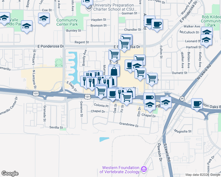 map of restaurants, bars, coffee shops, grocery stores, and more near 1855 East Daily Drive in Camarillo