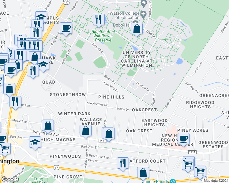 map of restaurants, bars, coffee shops, grocery stores, and more near 321 Pine Hills Drive in Wilmington