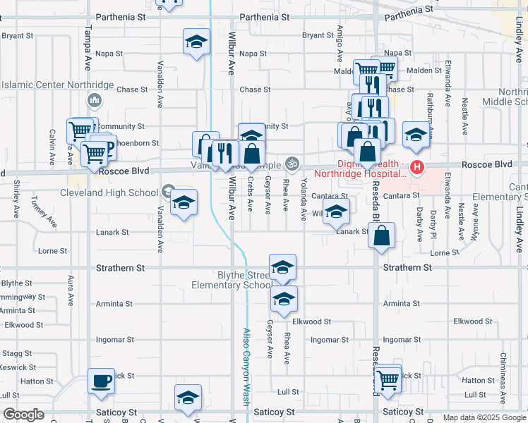 map of restaurants, bars, coffee shops, grocery stores, and more near 8118 Crebs Avenue in Los Angeles