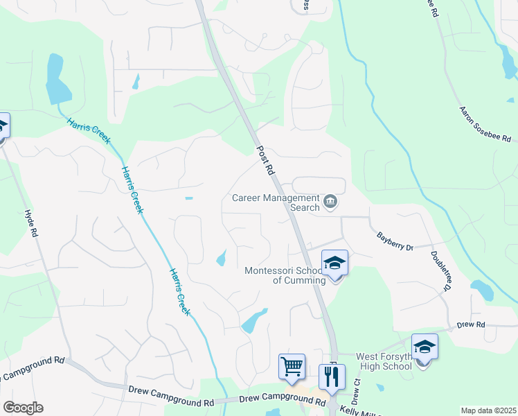 map of restaurants, bars, coffee shops, grocery stores, and more near 4675 Allistair Drive in Cumming