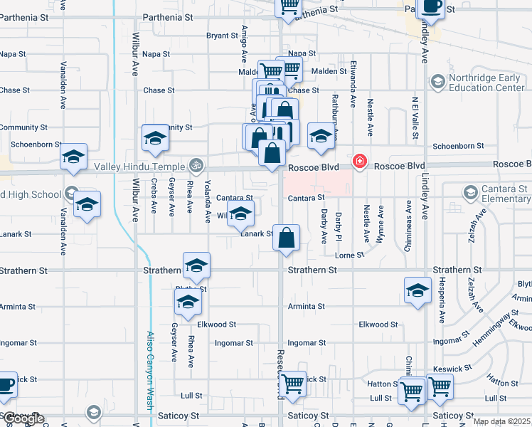 map of restaurants, bars, coffee shops, grocery stores, and more near 8134 Baird Avenue in Los Angeles
