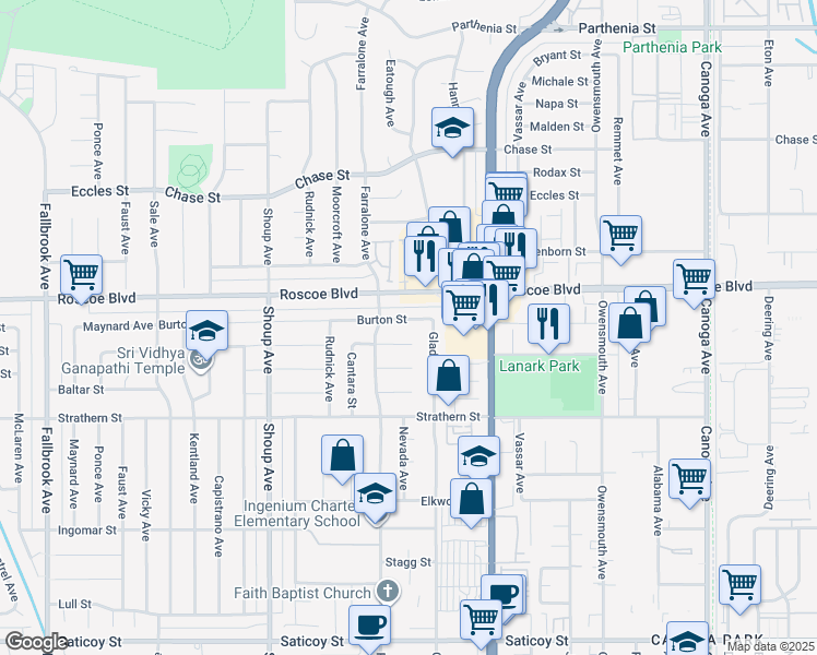 map of restaurants, bars, coffee shops, grocery stores, and more near 22128 Burton Street in Los Angeles