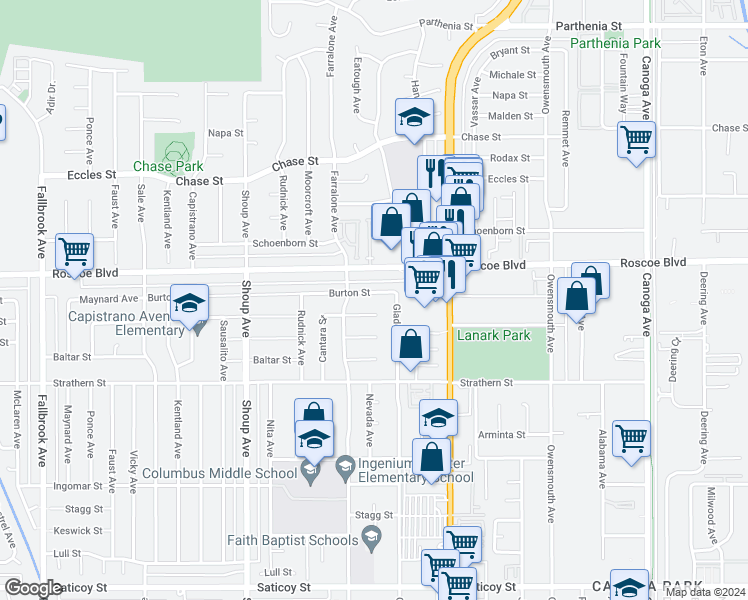 map of restaurants, bars, coffee shops, grocery stores, and more near 22128 Burton Street in Los Angeles
