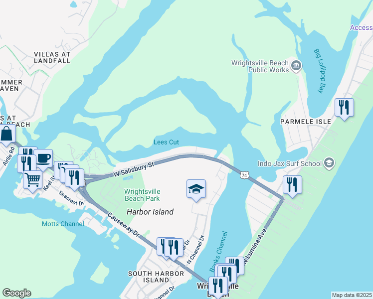 map of restaurants, bars, coffee shops, grocery stores, and more near 26 Pelican Drive in Wrightsville Beach