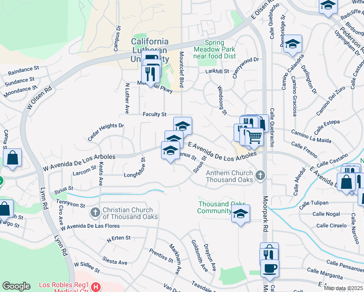 map of restaurants, bars, coffee shops, grocery stores, and more near 2 West Avenida De Los Arboles in Thousand Oaks