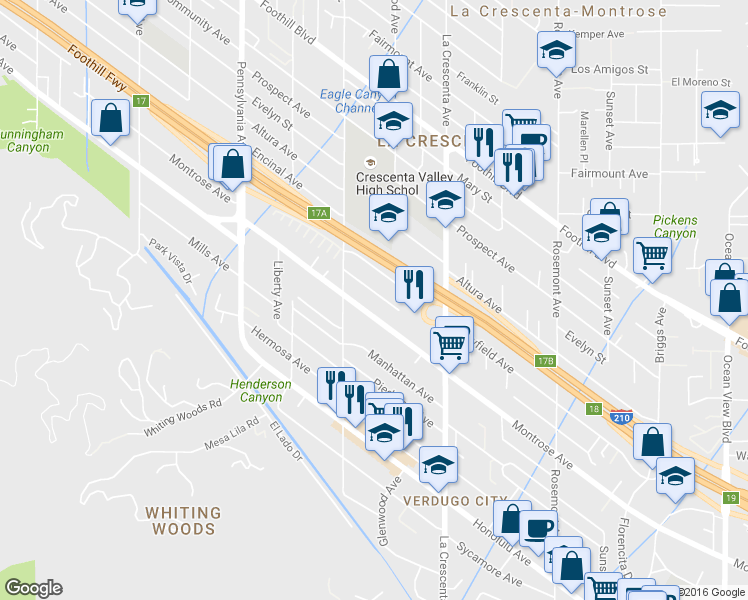 map of restaurants, bars, coffee shops, grocery stores, and more near 2944 Montrose Avenue in Glendale