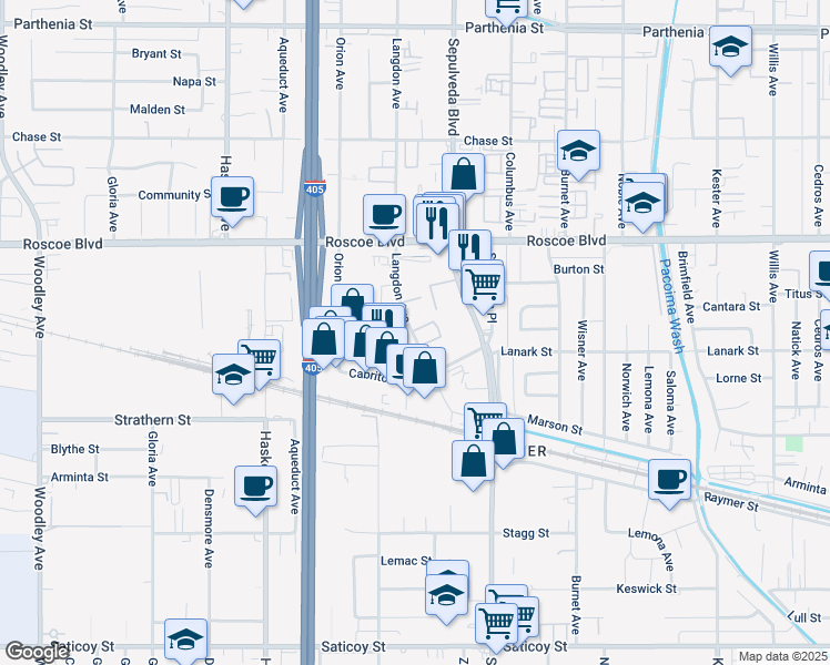 map of restaurants, bars, coffee shops, grocery stores, and more near 8080 Langdon Avenue#6 in Los Angeles