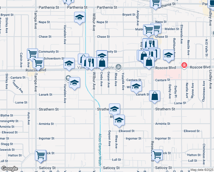 map of restaurants, bars, coffee shops, grocery stores, and more near 8118 Crebs Avenue in Los Angeles