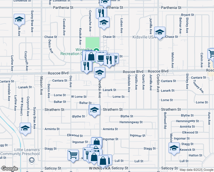 map of restaurants, bars, coffee shops, grocery stores, and more near 20049 Lanark Street in Los Angeles