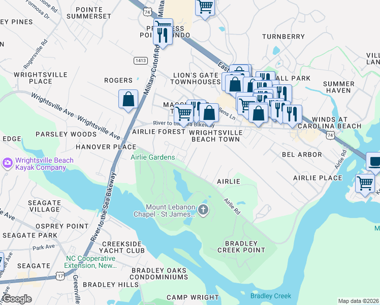 map of restaurants, bars, coffee shops, grocery stores, and more near 2417 Lebanon Chapel Way in Wilmington