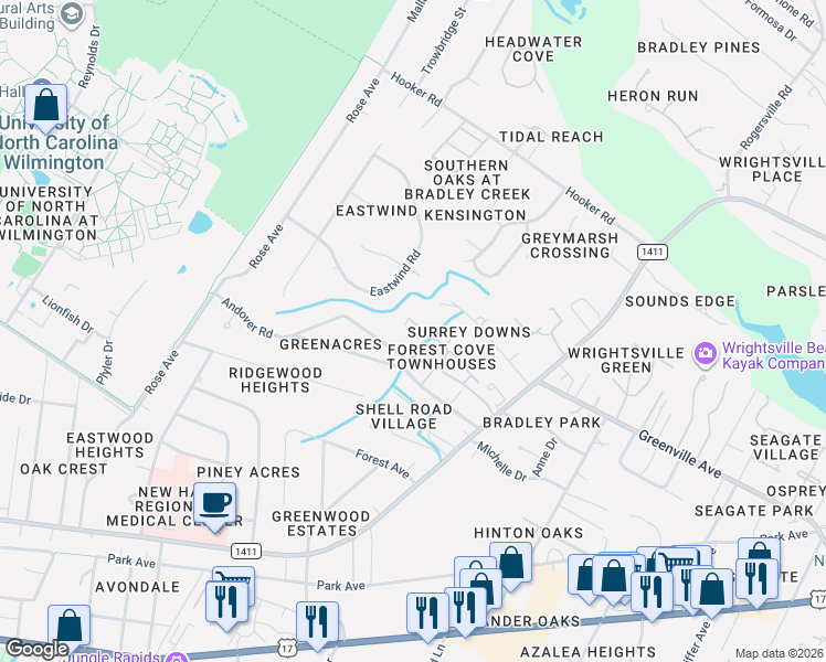 map of restaurants, bars, coffee shops, grocery stores, and more near 5465 Overbrook Road in Wilmington