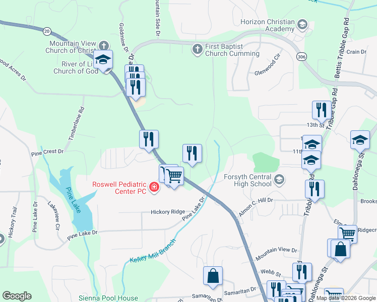 map of restaurants, bars, coffee shops, grocery stores, and more near 433 Canton Road in Cumming