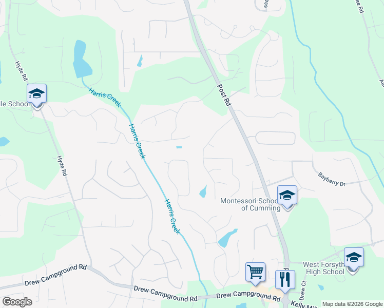 map of restaurants, bars, coffee shops, grocery stores, and more near 4385 Azurite Street in Cumming