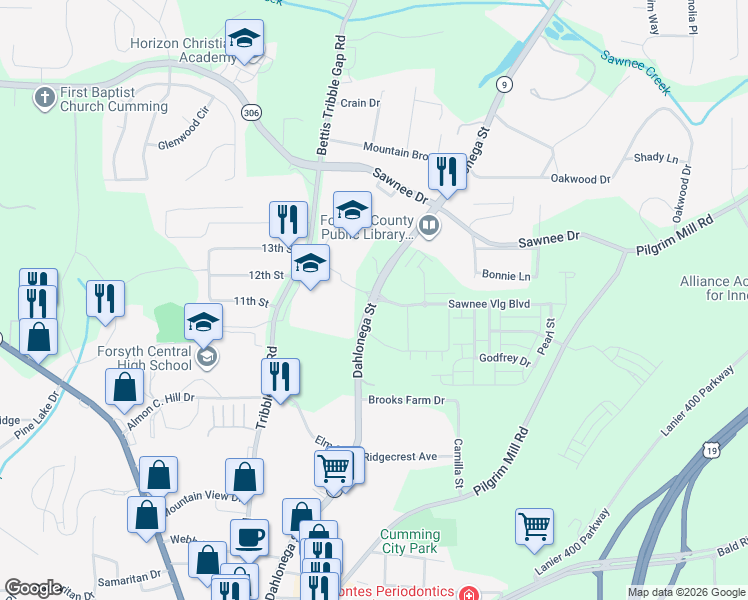 map of restaurants, bars, coffee shops, grocery stores, and more near 549-585 Dahlonega Street in Cumming
