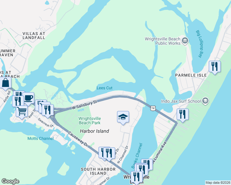map of restaurants, bars, coffee shops, grocery stores, and more near 26 Pelican Drive in Wrightsville Beach