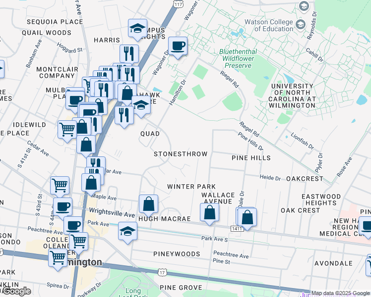 map of restaurants, bars, coffee shops, grocery stores, and more near 4931 Seabrook Court in Wilmington