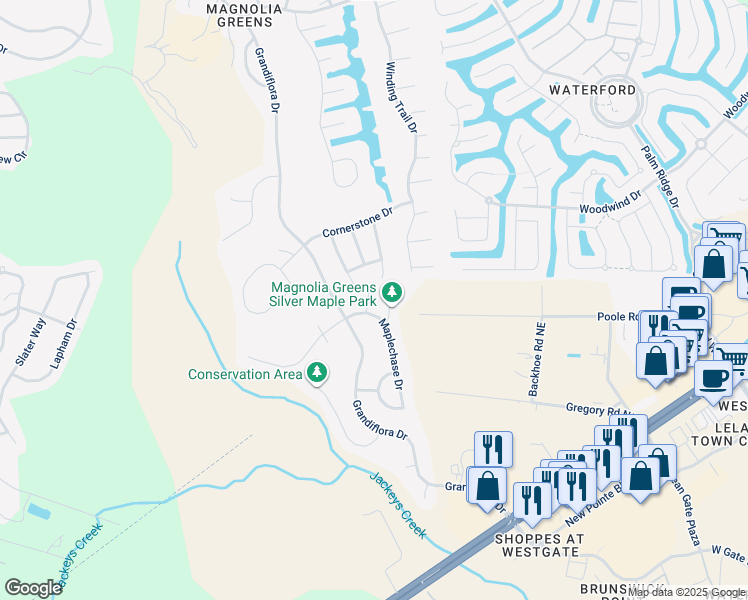 map of restaurants, bars, coffee shops, grocery stores, and more near 1006 Plum Leaf Court in Leland