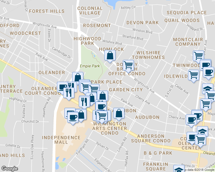 map of restaurants, bars, coffee shops, grocery stores, and more near 3730 Saint Johns Court in Wilmington