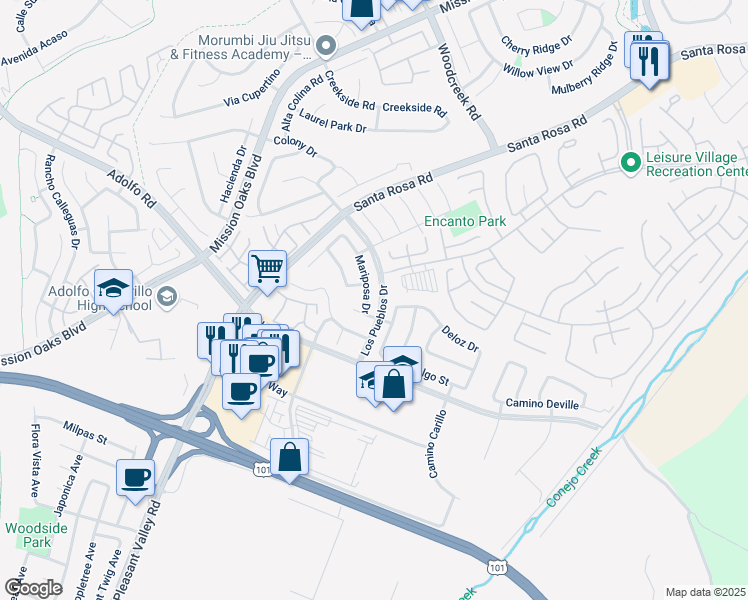 map of restaurants, bars, coffee shops, grocery stores, and more near 196 Mariposa Drive in Camarillo