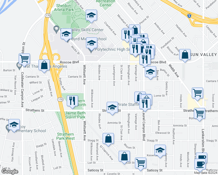 map of restaurants, bars, coffee shops, grocery stores, and more near 8124 Shadyglade Avenue in Los Angeles