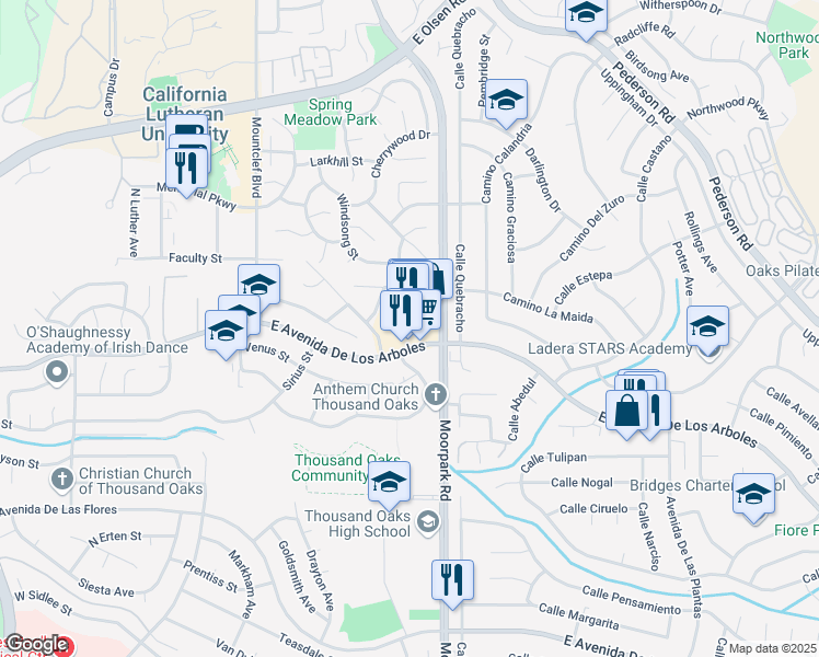 map of restaurants, bars, coffee shops, grocery stores, and more near East Avenida De Los Arboles in Thousand Oaks