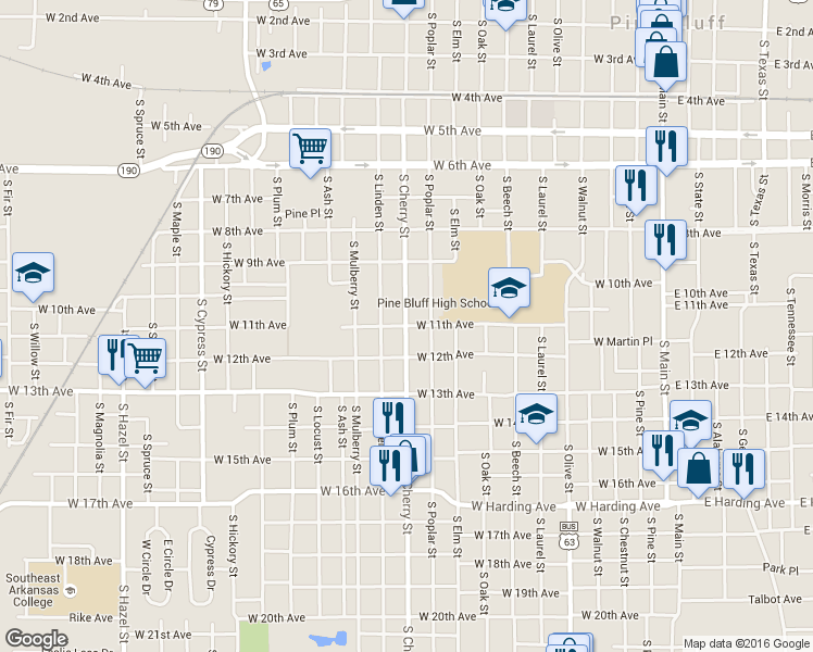 map of restaurants, bars, coffee shops, grocery stores, and more near S Cherry St & W 11th Ave in Pine Bluff