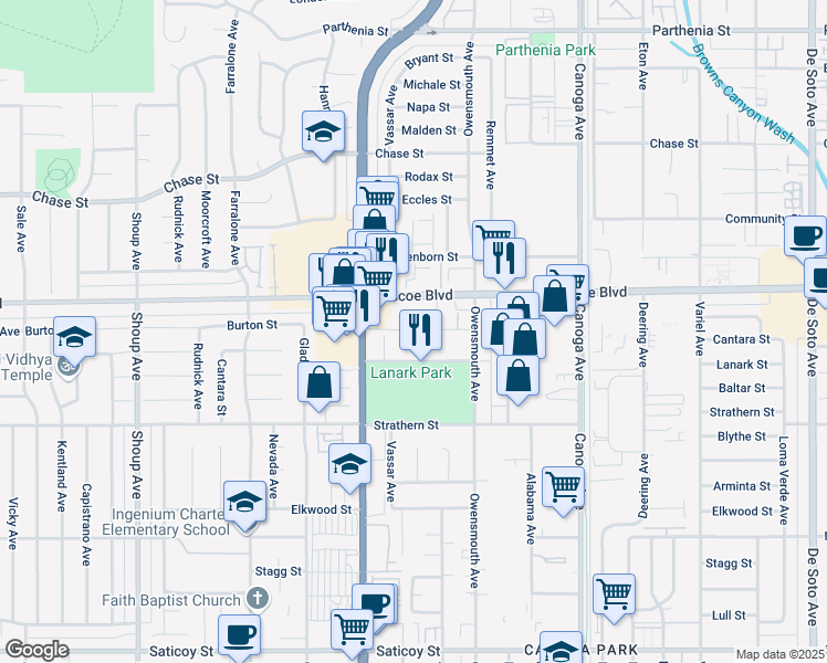 map of restaurants, bars, coffee shops, grocery stores, and more near 21827 Lanark Street in Los Angeles