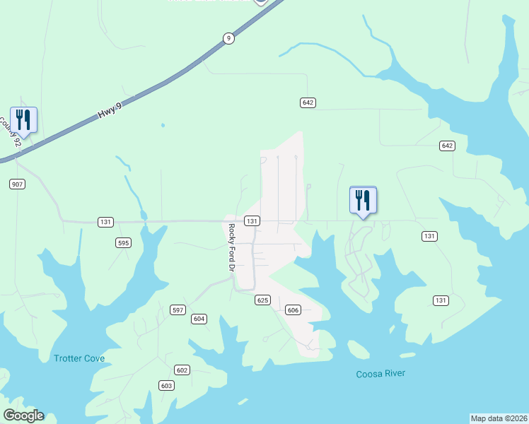 map of restaurants, bars, coffee shops, grocery stores, and more near 900 County Road 131 in Cedar Bluff