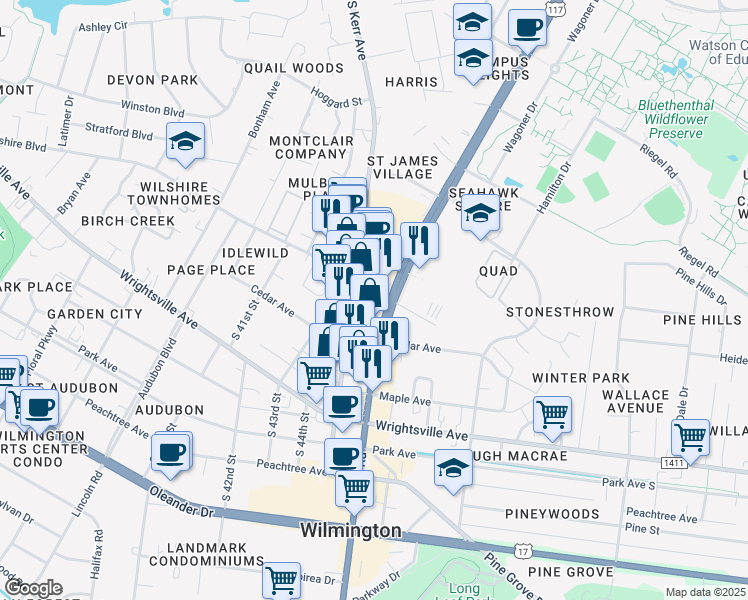 map of restaurants, bars, coffee shops, grocery stores, and more near 931 S Kerr Ave in Wilmington