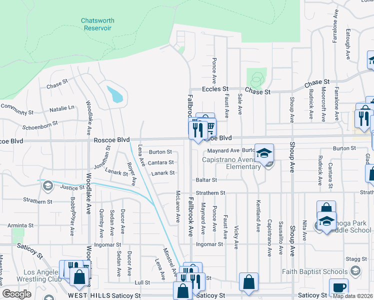 map of restaurants, bars, coffee shops, grocery stores, and more near 8225 Fallbrook Avenue in Los Angeles