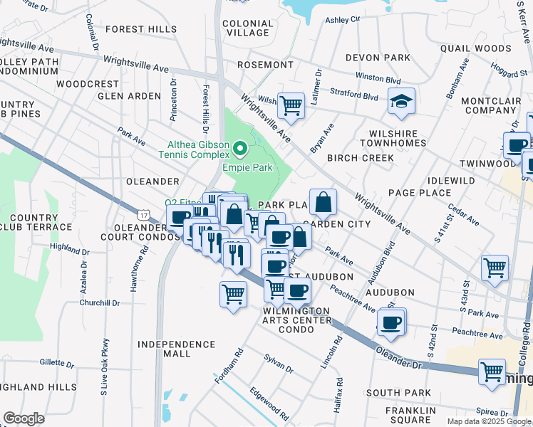 map of restaurants, bars, coffee shops, grocery stores, and more near 3619 Saint Johns Court in Wilmington