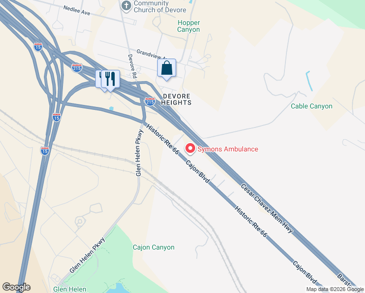 map of restaurants, bars, coffee shops, grocery stores, and more near 18572 Cajon Boulevard in San Bernardino