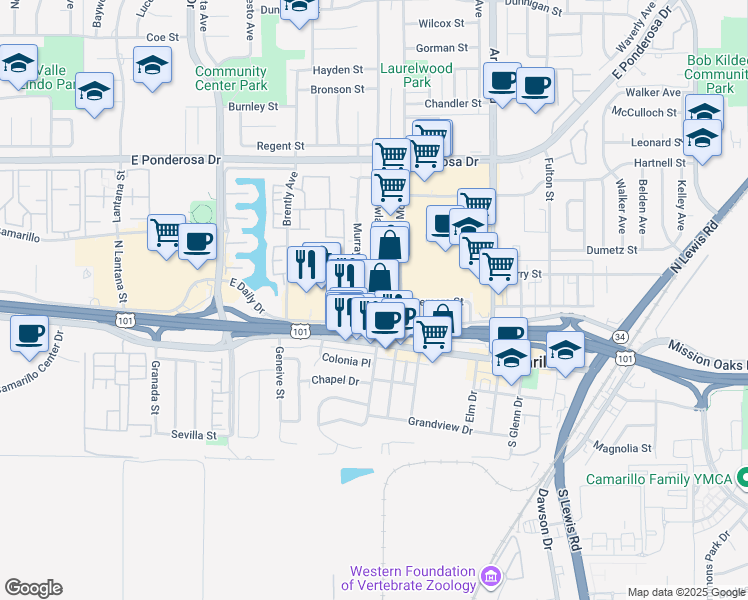 map of restaurants, bars, coffee shops, grocery stores, and more near 1855 East Daily Drive in Camarillo